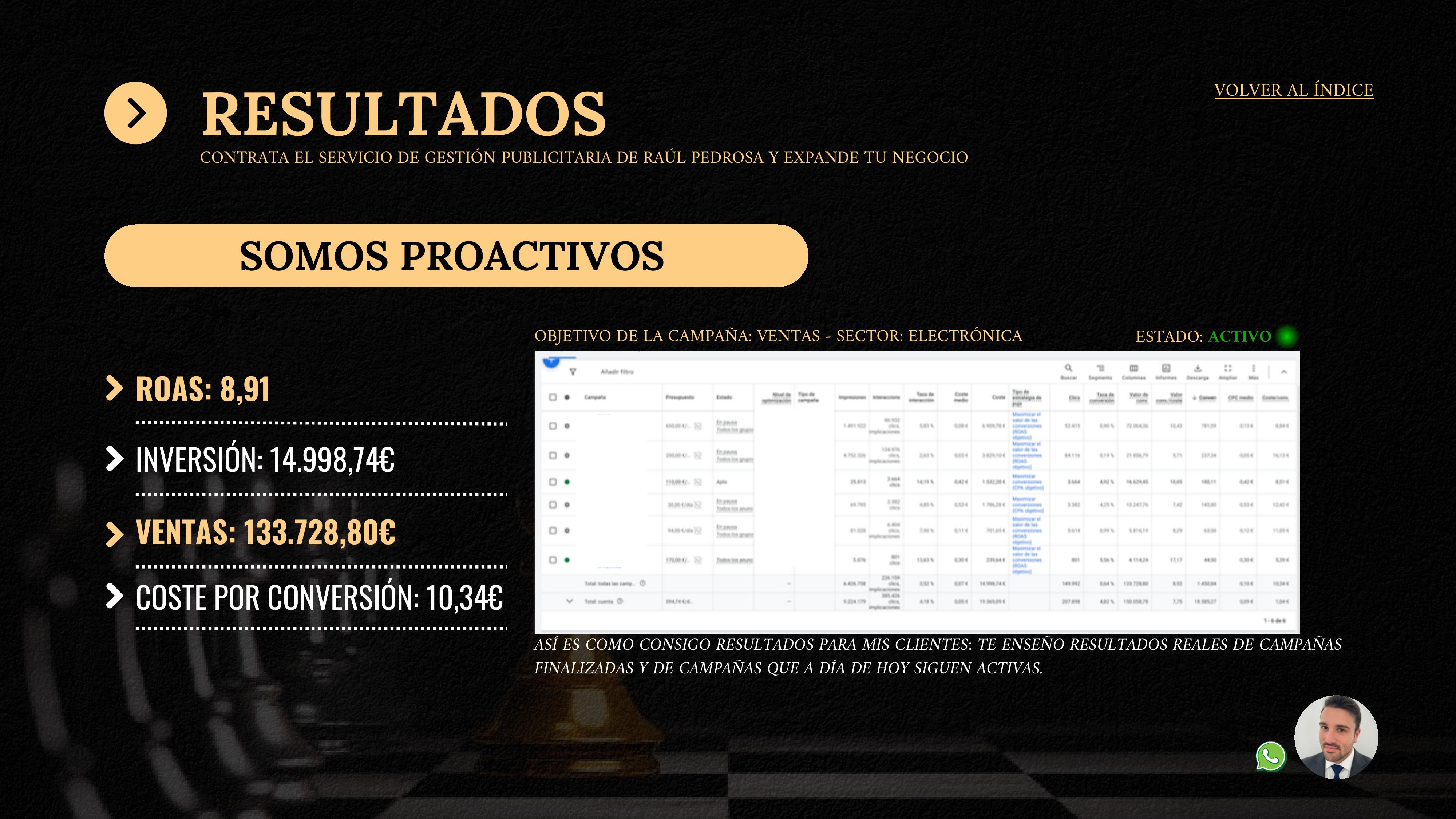 Captura Google Ads — Electrónica eCommerce · ROAS ×8,91 · 133.728€ ventas