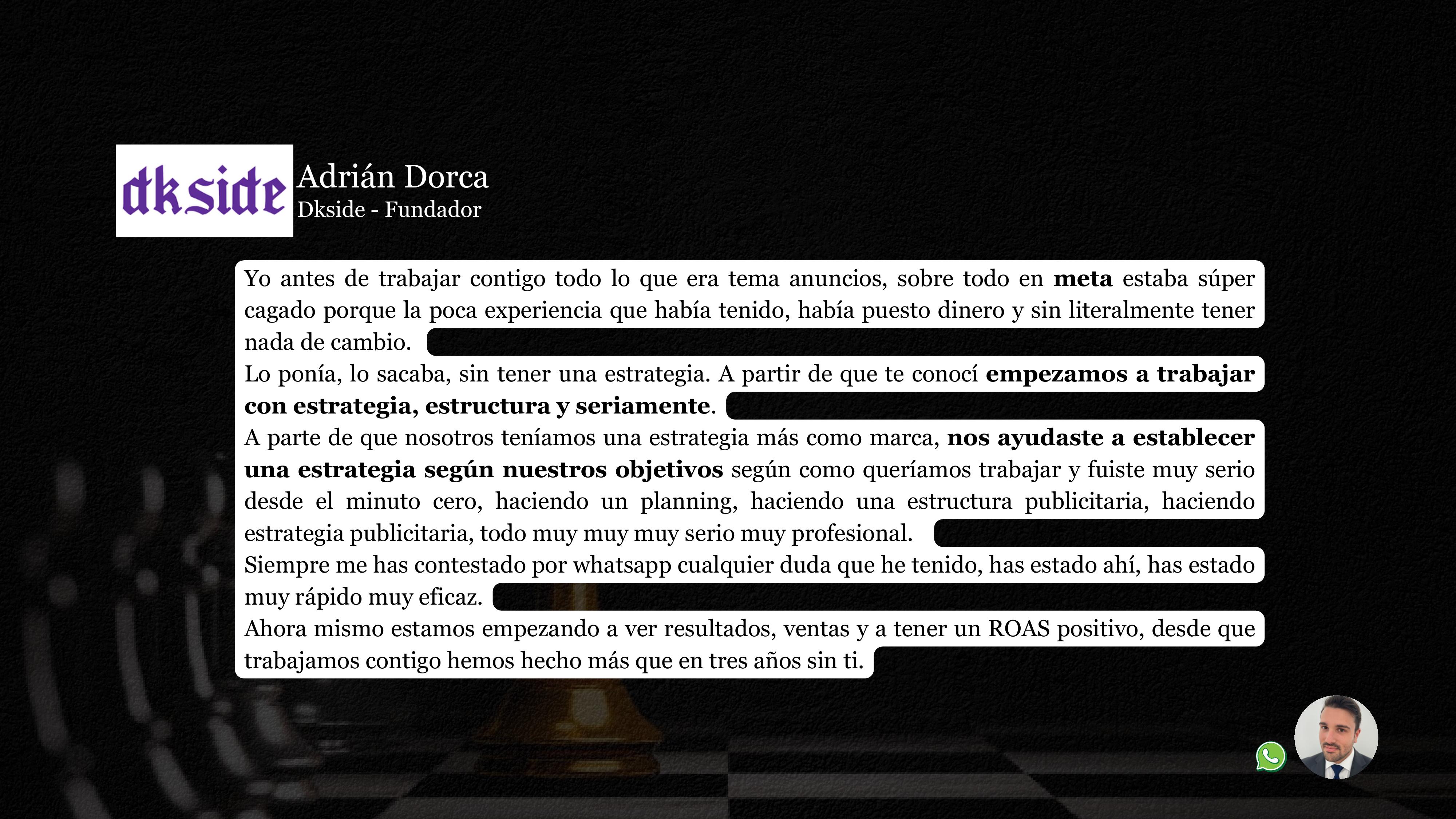 Testimonio escrito Adrián Dorca — Dkside · Estrategia y resultados con Hasta En La Sopa