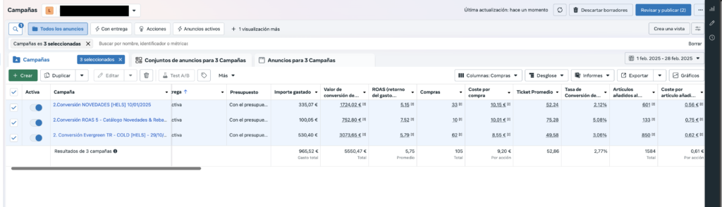 CASO DE ÉXITO - MODA - ROAS 5,75 - INVERSIÓN 965€ - 105 COMPRAS - VALOR DE CONVERSIÓN DE COMPRAS 5550€