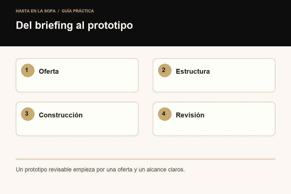 Del briefing al prototipo: Oferta, Estructura, Construcción, Revisión.