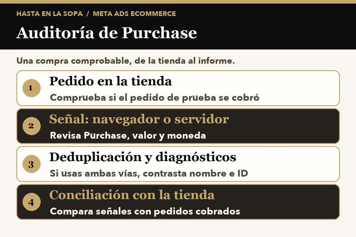 Flujo de auditoría de compras: pedido de la tienda, señal de navegador o servidor, deduplicación y conciliación.