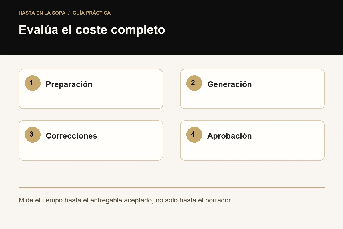 Evalúa el coste completo: Preparación, Generación, Correcciones, Aprobación.