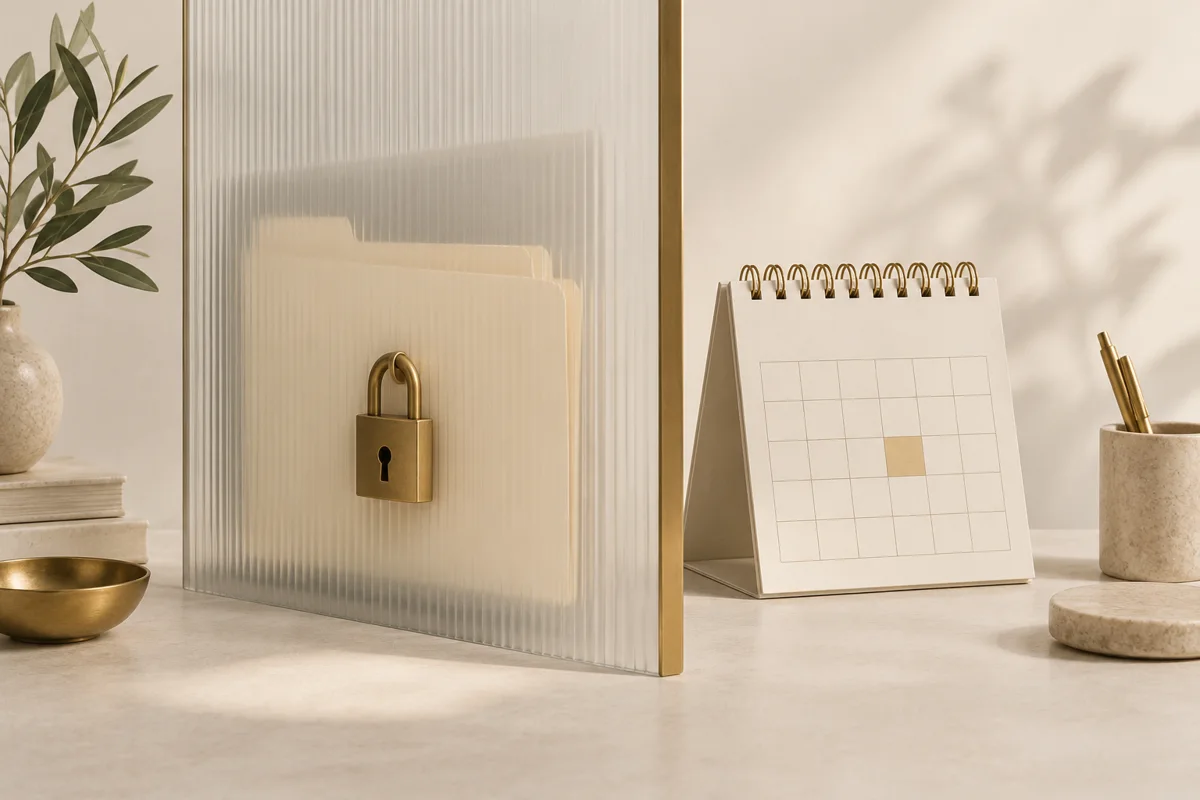 Carpeta protegida tras una pantalla con candado junto a un calendario sin datos.