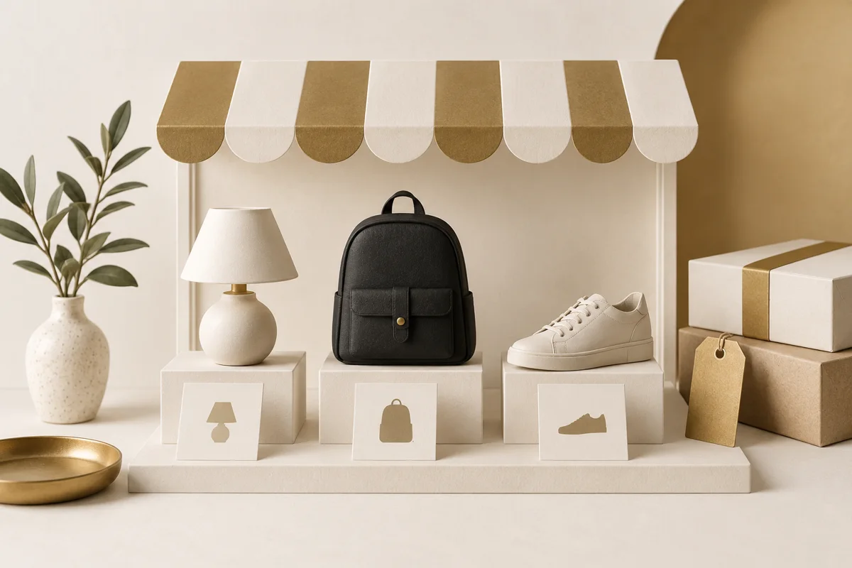 Catálogo conceptual con lámpara, mochila y zapatilla sobre pedestales.
