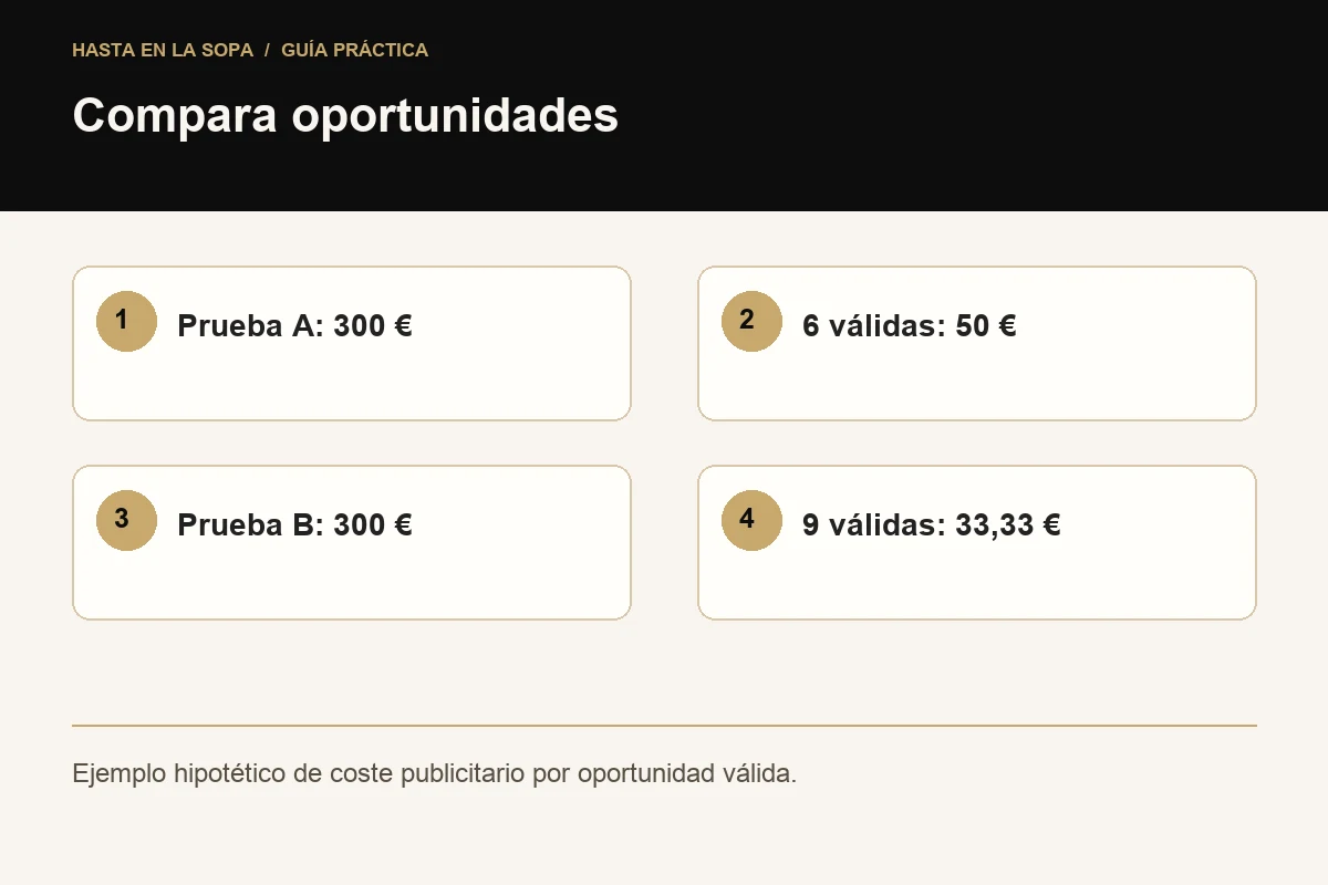 Compara oportunidades: Prueba A: 300 €, 6 válidas: 50 €, Prueba B: 300 €, 9 válidas: 33,33 €.
