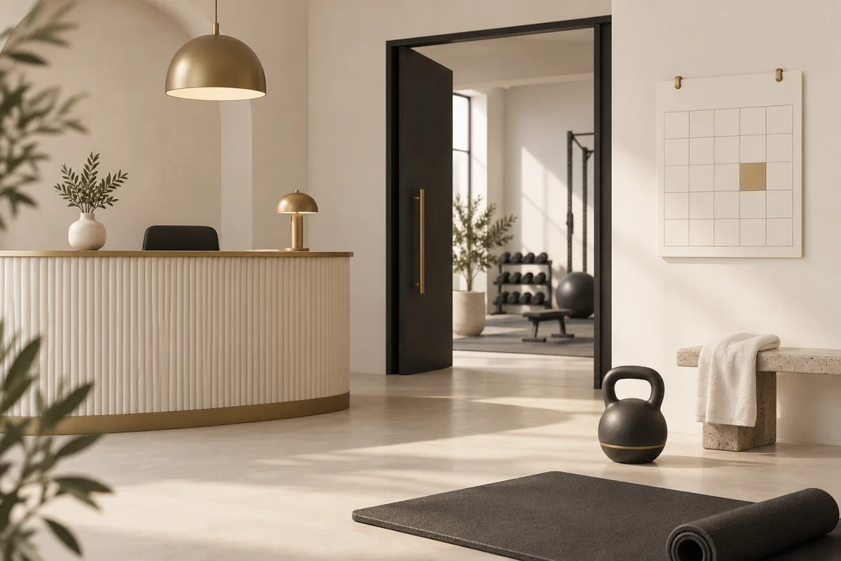 Recepción de gimnasio con una puerta abierta, material deportivo y calendario.