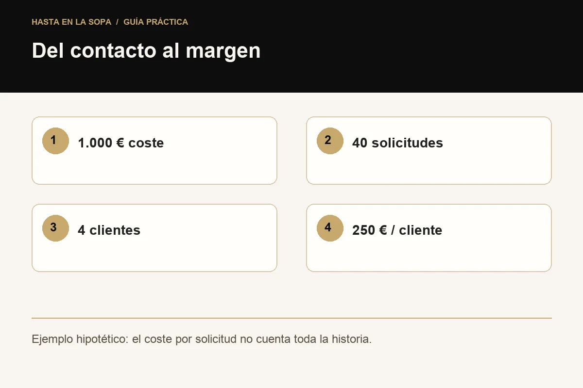 Del contacto al margen: 1.000 € coste, 40 solicitudes, 4 clientes, 250 € / cliente.