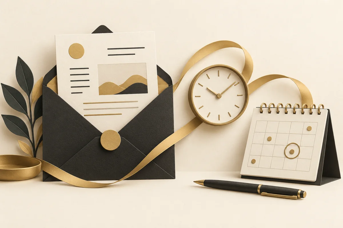 Ilustración de una propuesta enviada, un reloj y un calendario de seguimiento.