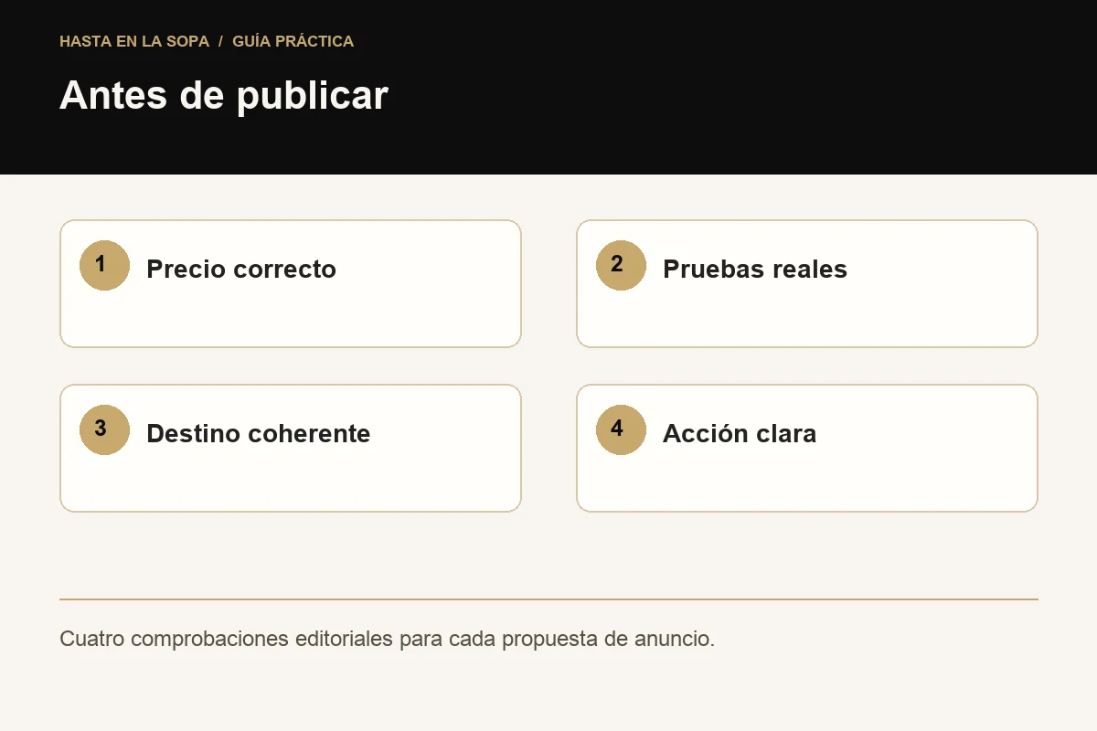 Antes de publicar: Precio correcto, Pruebas reales, Destino coherente, Acción clara.