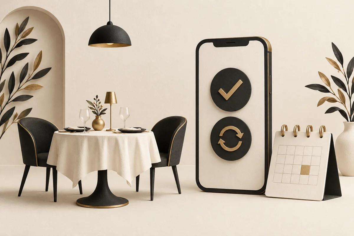 Ilustración de un teléfono con opciones de confirmar o cambiar una reserva junto a un calendario.