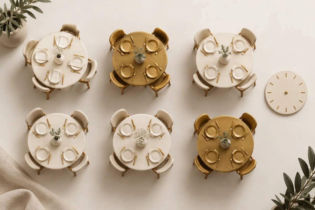 Maqueta de mesas de restaurante en crema y dorado junto a un reloj.