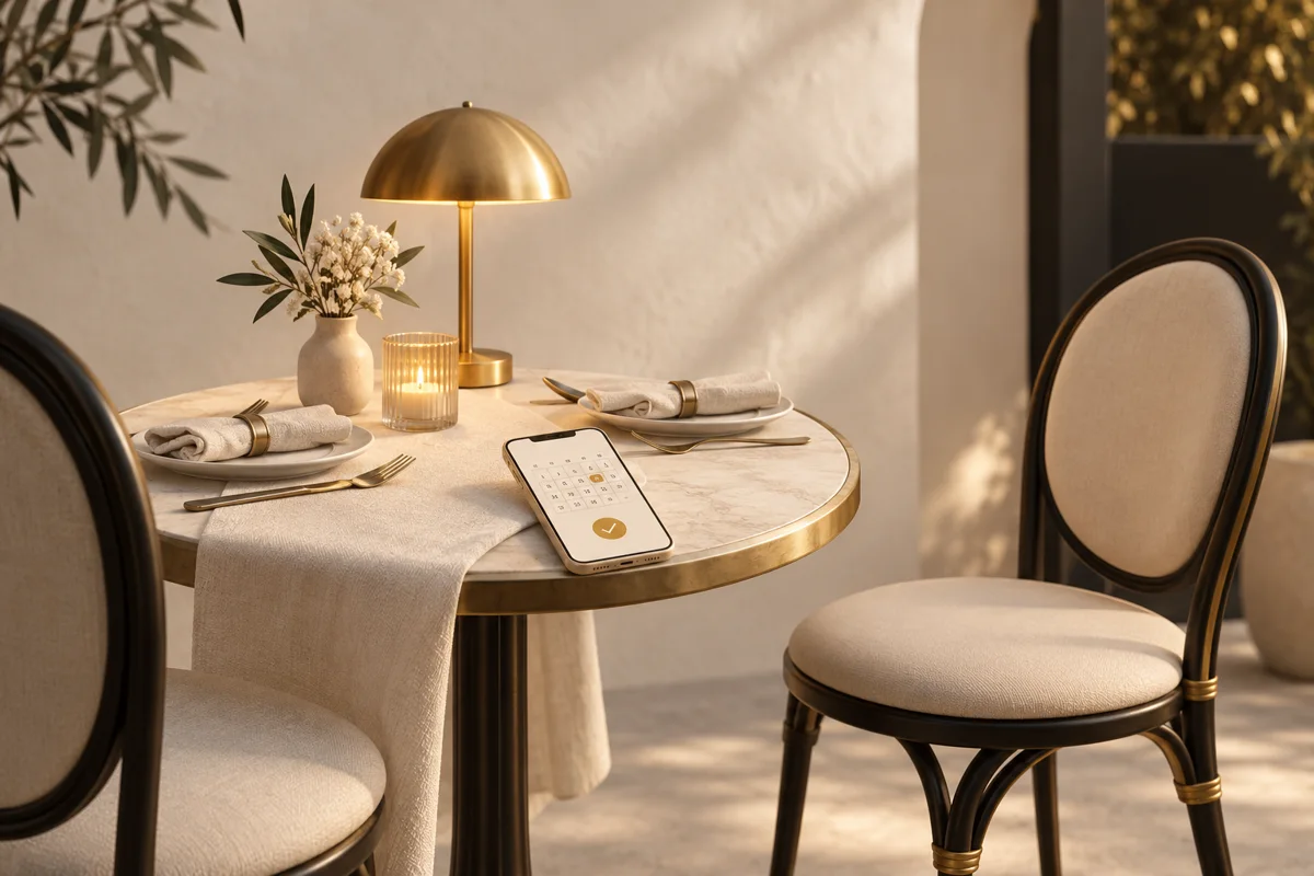 Mesa de restaurante para dos con un teléfono que representa una confirmación de reserva.