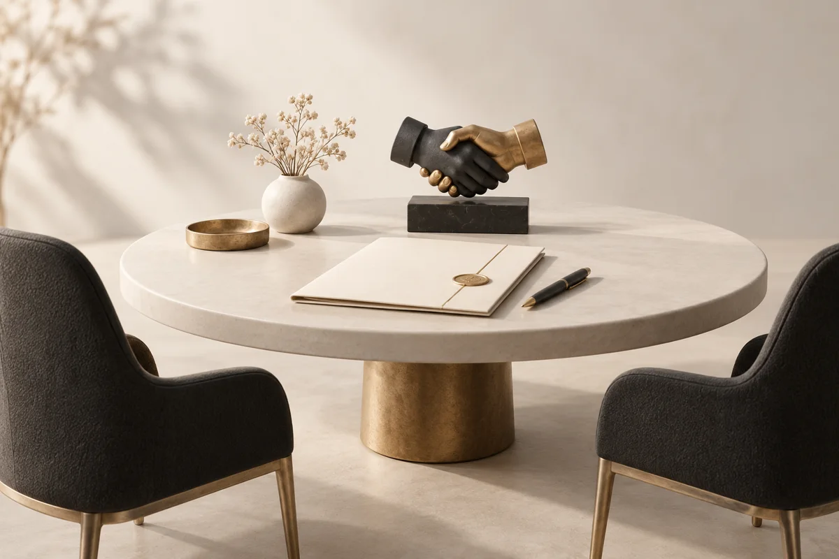 Mesa de reunión con una propuesta y una escultura de apretón de manos.