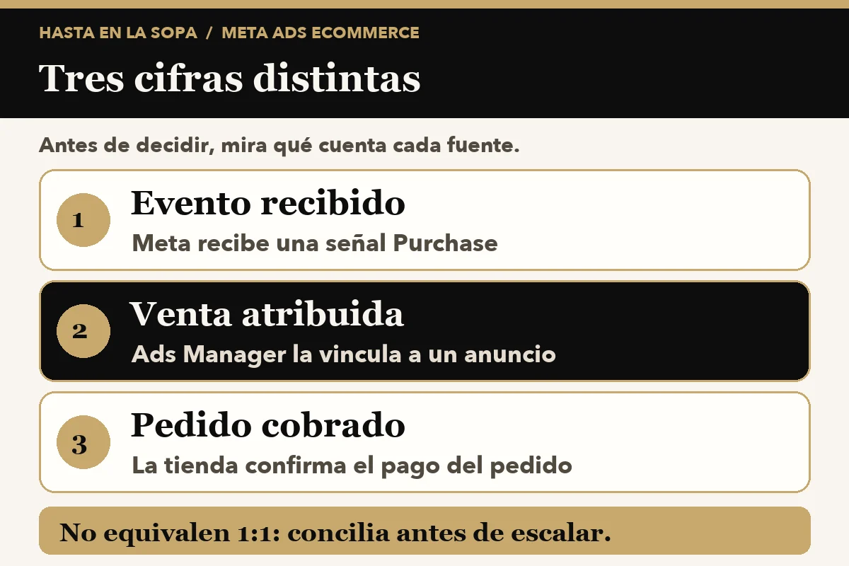 Diagrama con tres cifras distintas de Meta Ads para ecommerce: evento Purchase recibido, venta atribuida y pedido cobrado.